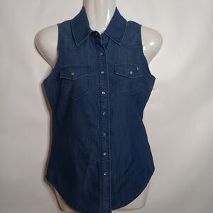 Guess Sleeveless Blue Button-Down Shirt